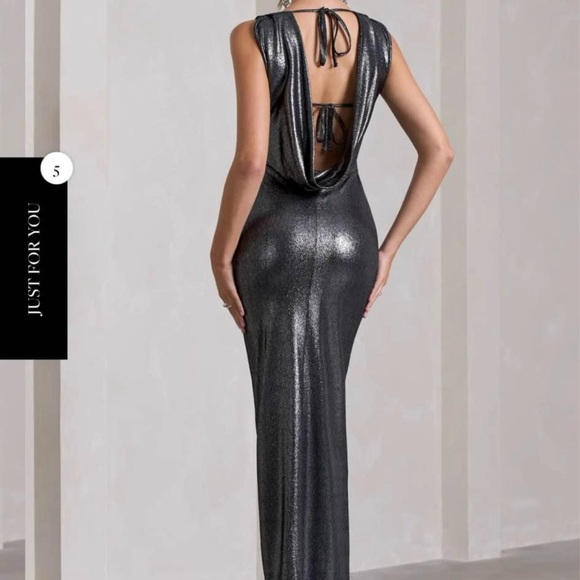 Club L London Silver Metallic Open-Back Split Maxi Dress - Picture 5 of 5